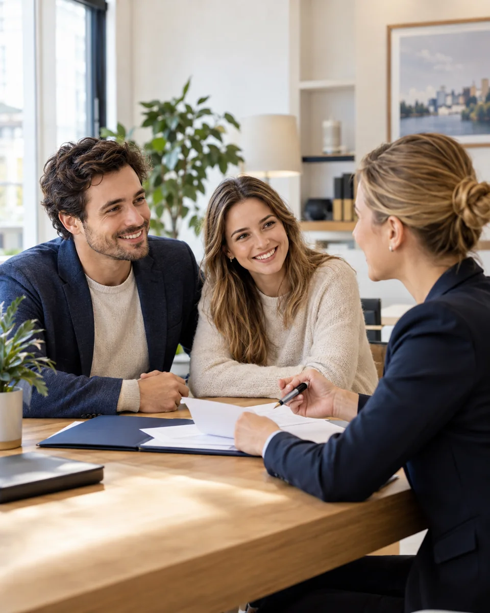 Pár při osobním rozhovoru s finanční specialistkou.