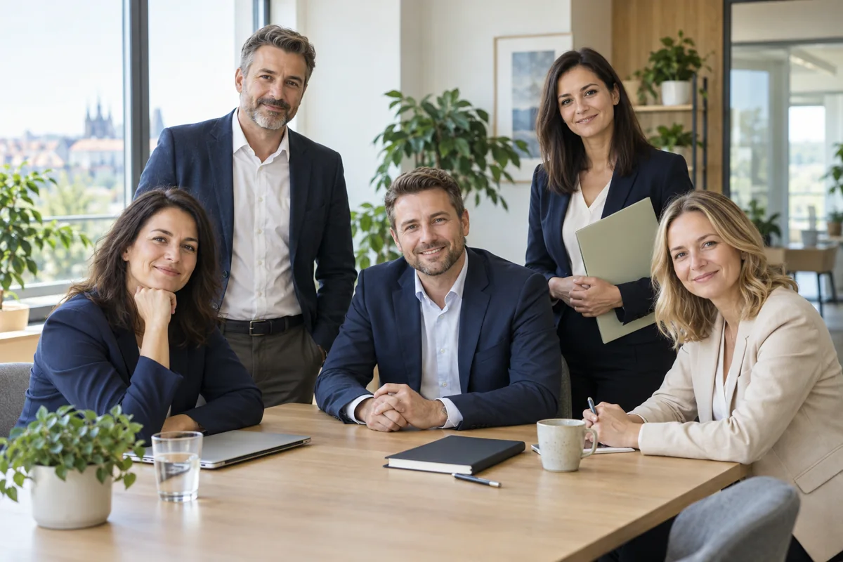 Finanční specialisté při společném rozhovoru ve světlé kanceláři.